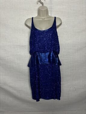 Vtg Oleg Cassini Black Tie Silk Dress 12 Beaded Blue Mini Cocktail Evening
